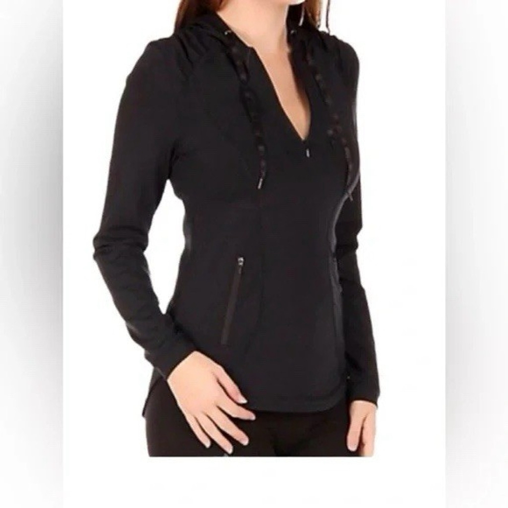 Spanx Medium 1/4 Zip Silhouette Active Black Hooded Jacket Gym Stretch Pockets
